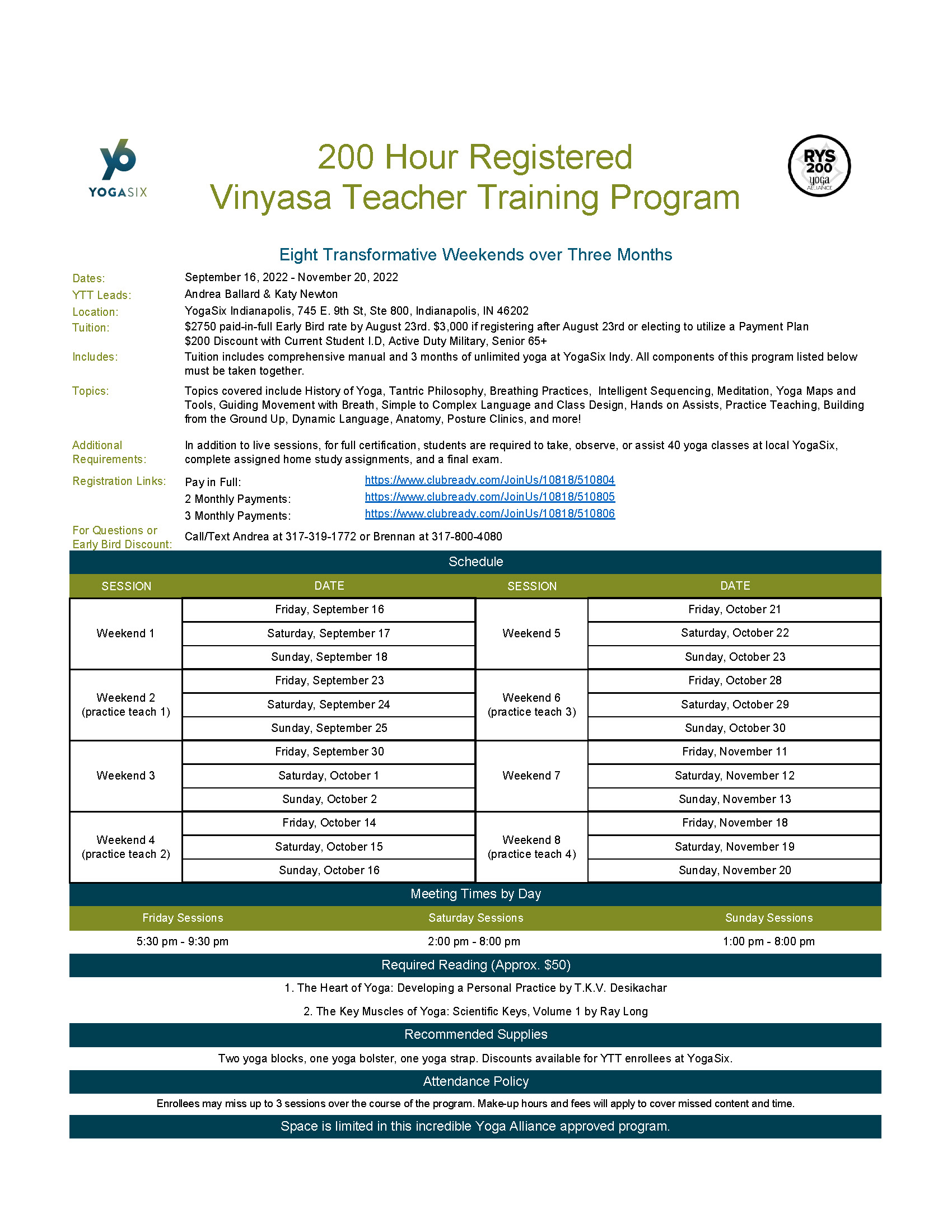 Indianapolis - Fall 200 Hour YTT Program Overview